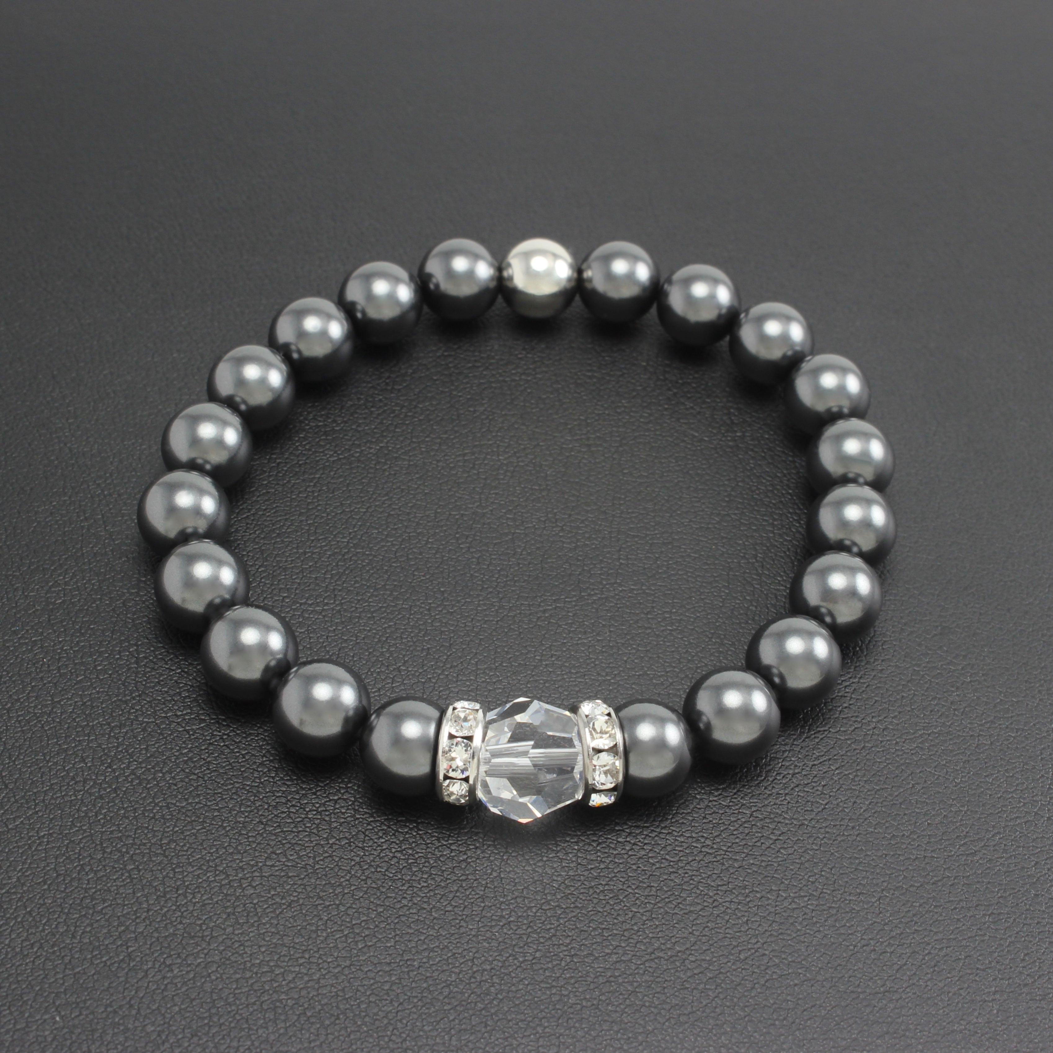 Classical Luxe Crystal Pearl Stretch Bracelet (Charcoal)