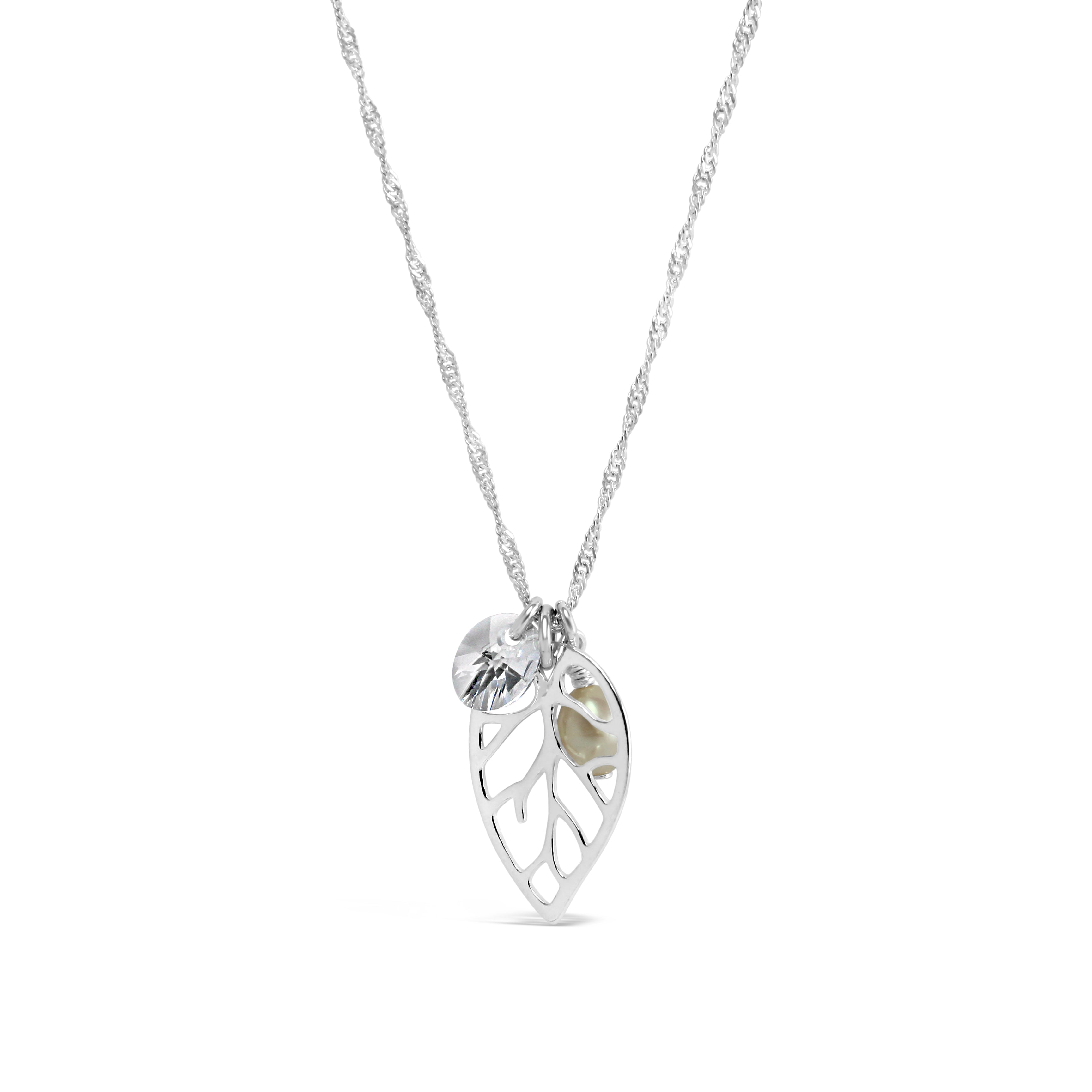 Waltz Cluster Necklace with Sterling Silver Leaf, Pearl and Crystal