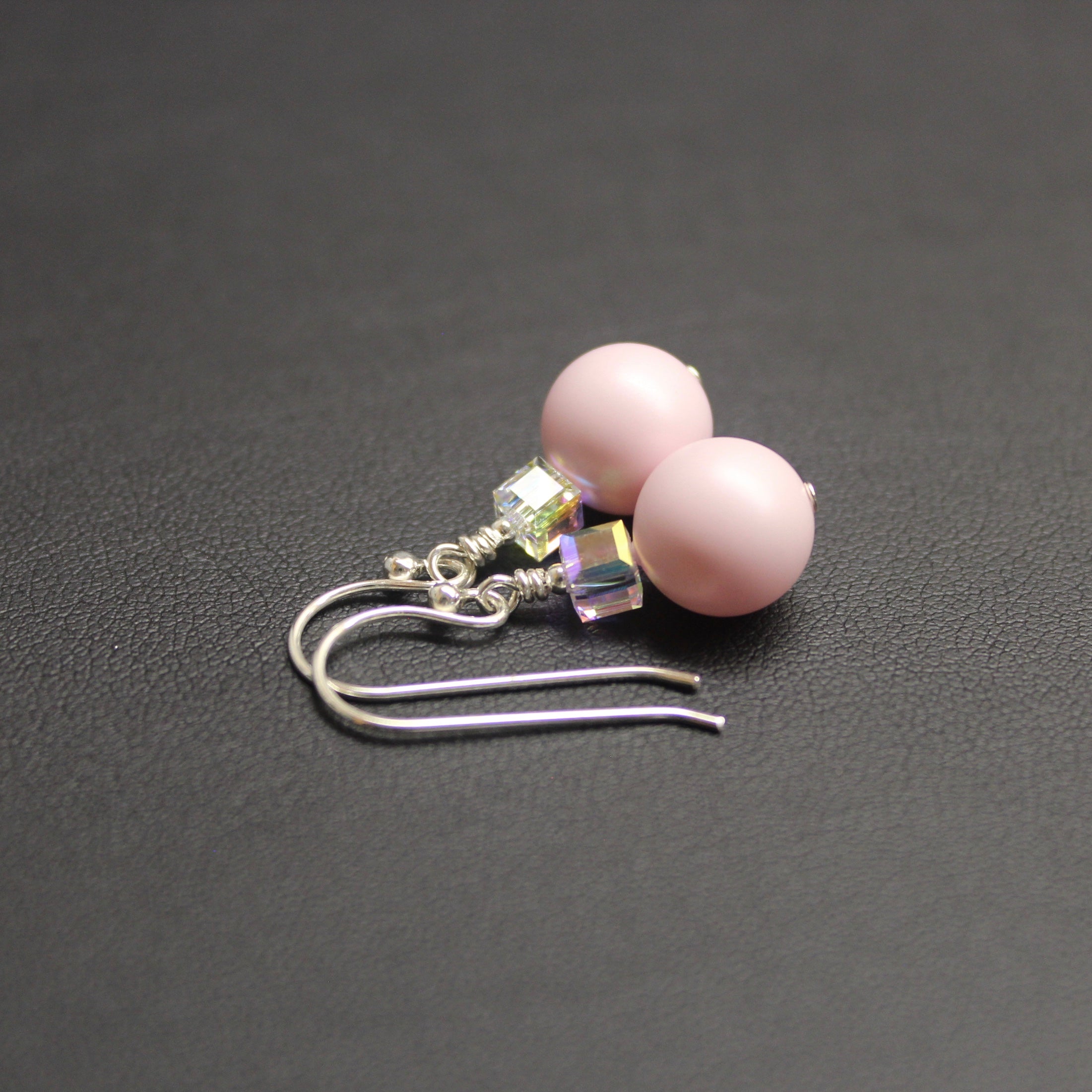 Ballet Crystal Cube/Pearl Drop Earrings (Pastel Pink &amp; Aurora)